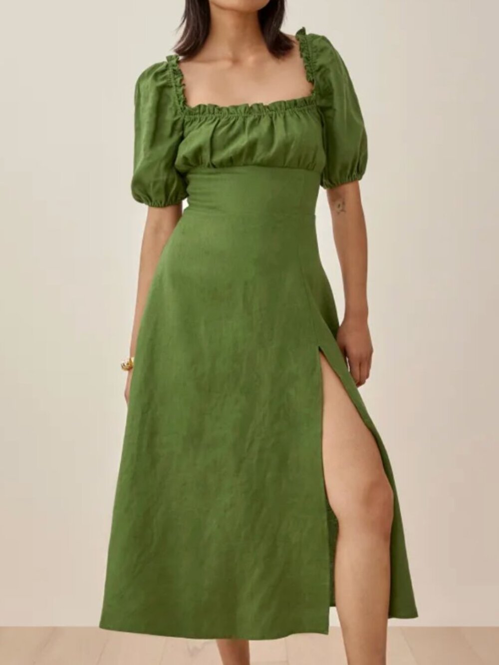 NEW Reformation Jacqueline Linen Midi Dress in Moss